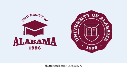 Alabama slogan typography graphics for t-shirt. University print and logo for apparel. T-shirt design with shield and graduate hat. Vector illustration.