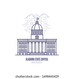 Alabama State Capitol befindet sich in Montgomery, Alabama. Der Sitz der Regierung des US-Bundesstaates Alabama. Das großartige Beispiel griechischer Revival-Architektur. Vektorillustration mit Stadtsicht Symbol im linearen Stil