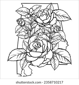 Flor del estado de Alabama, ilustración vectorial del linearto floral camellia, marco de mapa del estado de alabama, fresco para pegatinas, libro de colorear, camiseta, etc.