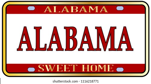 Alabama state license plate in the colors of the state flag with the state name over a white background