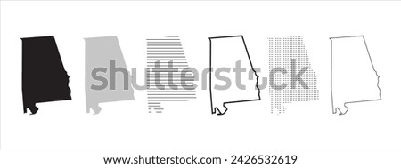 Alabama State Map Black. Alabama map silhouette isolated on transparent background. Vector Illustration. Variants.