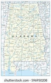 Alabama State Map with cities, towns, lakes and rivers.