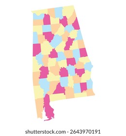 Mapa do estado do Alabama com administrador da cidade em multicor. 