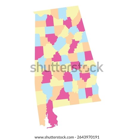 Alabama state map with city administrator in  multicolor. 