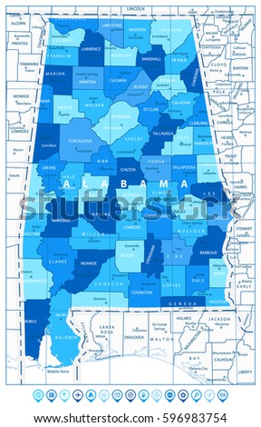 Alabama State Map in colors of blue and map pointers. Vector illustration.