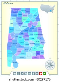 Alabama State Map with Community Assistance and Activates Icons Original Illustration