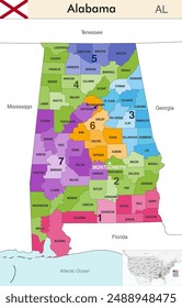 Alabama state map with counties borders and colored congressional districts boundaries due to The 2020 United States census and which is valid from 2025. Flag of Alabama. Vector