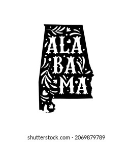 Alabama state map with doodle decorative ornaments. For printing on souvenirs and T-shirts