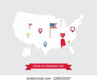 Mapa del estado de Alabama destacado en el mapa de Estados Unidos. Mapa de Alabama en Estados Unidos de América con íconos de bandera y navegación.