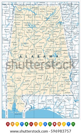 Alabama State Map and location pin icons. Vector illustration.