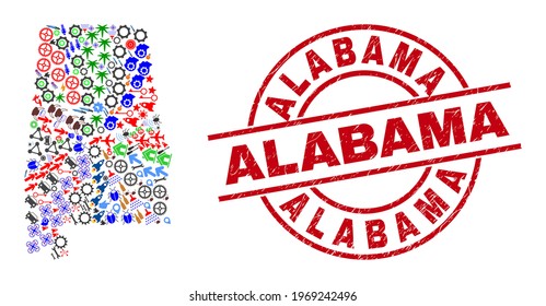 Alabama State map mosaic and Alabama red round stamp print. Alabama stamp uses vector lines and arcs. Alabama State map mosaic includes helmets, homes, showers, bugs, wine glasses, and more icons.