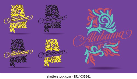 Alabama State map with nickname The Yellowhammer State Logo design concept , swirl floral shape, Vector EPS