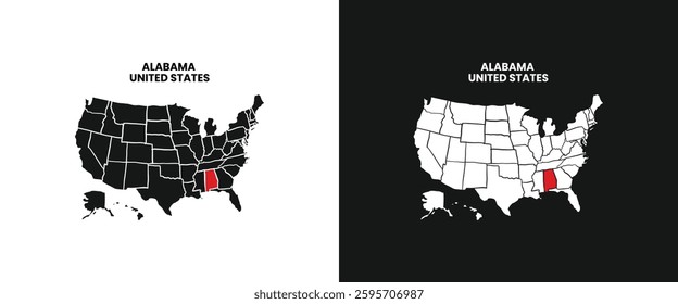 alabama state map. alabama map with red mark on america map. vector illustration of alabama state map.