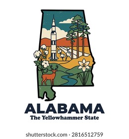 Alabama state map showcasing rocket, cotton, deer, longleaf pine, and flower