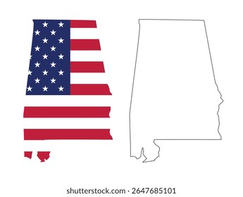 Alabama state map with USA flat design and black outline. Patriotic and educational vector perfect for presentation, learning, or design projects.