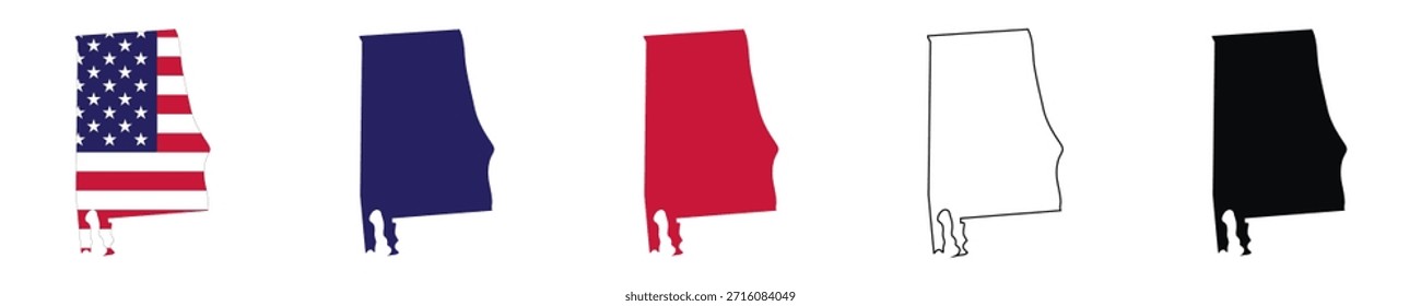 Alabama state map vector illustration set featuring outline and solid fills, with American flag in blue, red, and black, perfect for geography education, Travel guides, and patriotic designs