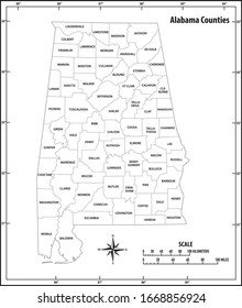 Alabama state outline administrative and political vector map in black and white