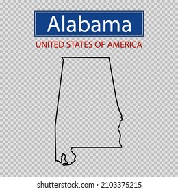 Alabama state outline map on a transparent background, United States of America line icon, map borders of the USA Alabama state.