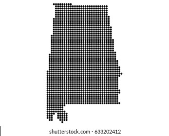 Alabama state print, map. White background, black dots.