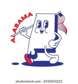 Alabama State retro mascot with hand and foot clip art. USA Map Retro cartoon stickers with funny comic characters and gloved hands. Vector template for website, design, cover, infographics.