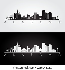 Alabama state skyline and landmarks silhouette, black and white design. Vector illustration.