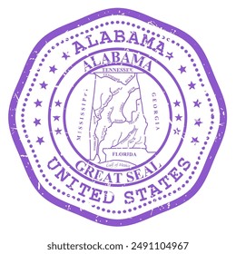 Sello estatal de Alabama con sello, sello de viaje de EE.UU., sello postal en mal estado de Alabama, Vector