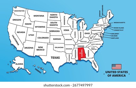 Estado do Alabama, EUA. Mapa do Alabama. Mapa vetorial em branco editável dos EUA