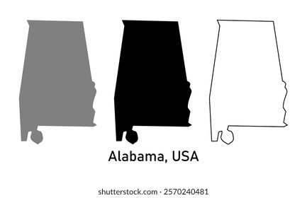 Alabama state, USA map in outline style, black color, gray color	