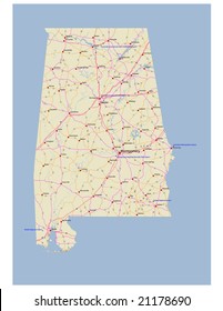 Alabama Transportation Vector Map. With Rivers, Selected Cities, Interstates, US Highways, State Highways, Airports, Road Signs. All Roads On Separate Layers. 181 Layers Total, Fully Editable.