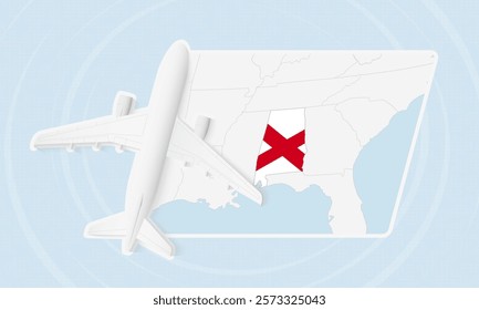 Alabama Travel Illustration with Plane and National Flag. Ideal for travel agencies, promotional materials, or geographic content related to Alabama.