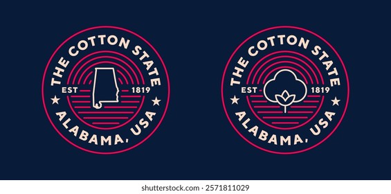 Alabama travel logo. The Cotton State. Editable stroke. Thin vector icon set