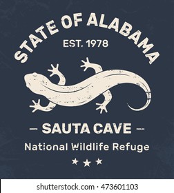 Alabama t-shirt design, print, typography, label with salamander. Vector illustration.