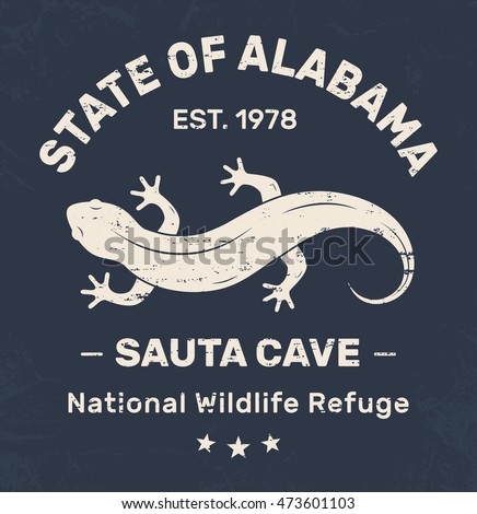 Alabama t-shirt design, print, typography, label with salamander. Vector illustration.