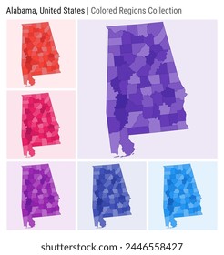 Alabama, Vereinigte Staaten. Kollektion abbilden. Status-Form. Farbige Landkreise. Deep Purple, Red, Pink, Purple, Indigo, Blue Farbpaletten. Grenze von Alabama mit den Countys. Vektorillustration.