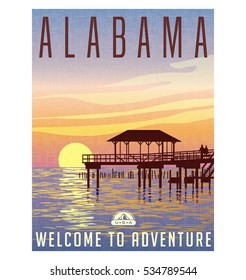 Alabama, United States Travel Poster Or Luggage Sticker. Scenic Illustration Of A Fishing Pier On The Gulf Coast At Sunset. 