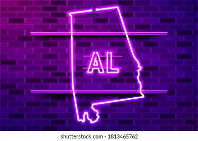 Alabama US state glowing neon lamp sign. Realistic vector illustration. Purple brick wall, violet glow, metal holders.