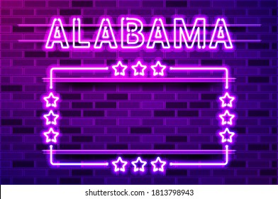 Alabama US State glowing purple neon lettering and a rectangular frame with stars. Realistic vector illustration. Purple brick wall, violet glow, metal holders.