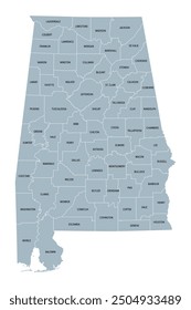 Alabama, U.S. state, gray political map with borders and county names. State in the Southeastern region of United States, subdivided into 67 counties. Nicknamed Yellowhammer State, and Heart of Dixie.