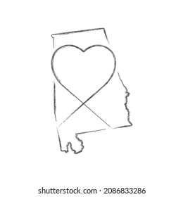 Alabama US state hand drawn pencil sketch outline map with heart shape. Continuous line drawing of patriotic home sign. A love for a small homeland. T-shirt print idea. Vector illustration.