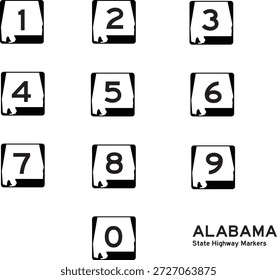 Alabama US State Highway Shield Marker Template Number 0 bis 9 Editierbares Vektorpaket