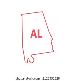 Alabama US state map red outline border. Vector illustration isolated on white. Two-letter state abbreviation. Editable stroke. Adjust line weight.