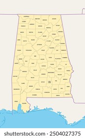 Alabama, U.S. state, political map with borders and county names. State in the Southeastern region of United States, subdivided into 67 counties. Nicknamed The Yellowhammer State, and Heart of Dixie.