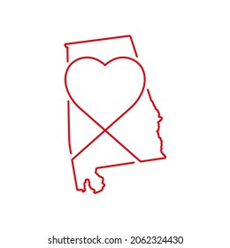 Alabama US state red outline map with the handwritten heart shape. Continuous line drawing of patriotic home sign. A love for a small homeland. T-shirt print idea. Vector illustration.