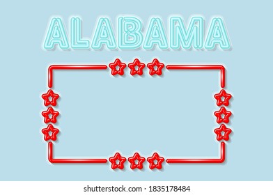 Alabama US state soft blue neon letters lights off. Glossy bold red frame with stars. Soft shadows. Light blue background. Vector illustration.