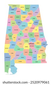 Alabama, estado dos EUA, subdividido em 67 condados, mapa político multicolorido com a capital Montgomery, fronteiras e nomes dos condados. Estado na região sudeste dos Estados Unidos. Estado de Yellowhammer.