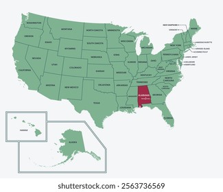 Alabama, USA. Editable isolated blank vector map of United states, highlighted at state of Alabama.