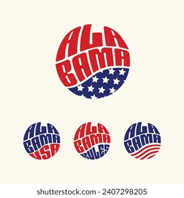 Alabama USA patriotic sticker or button set. Vector illustration for travel stickers, political badges, marketing.
