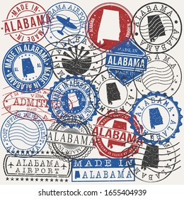 Alabama, USA Set of Stamps. Travel Passport Stamps. Made In Product. Design Seals in Old Style Insignia. Icon Clip Art Vector Collection.