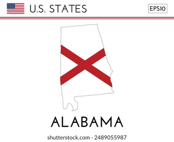 Alabama USA state map shape with flag. Map of Alabama in the Alabama flag colors. Outline map filled with its flag colors. Vector illustration.
