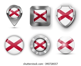 Alabama  USA State Metal and Glass Flag Badges, Buttons, Map marker pin and Shields. Vector illustrations